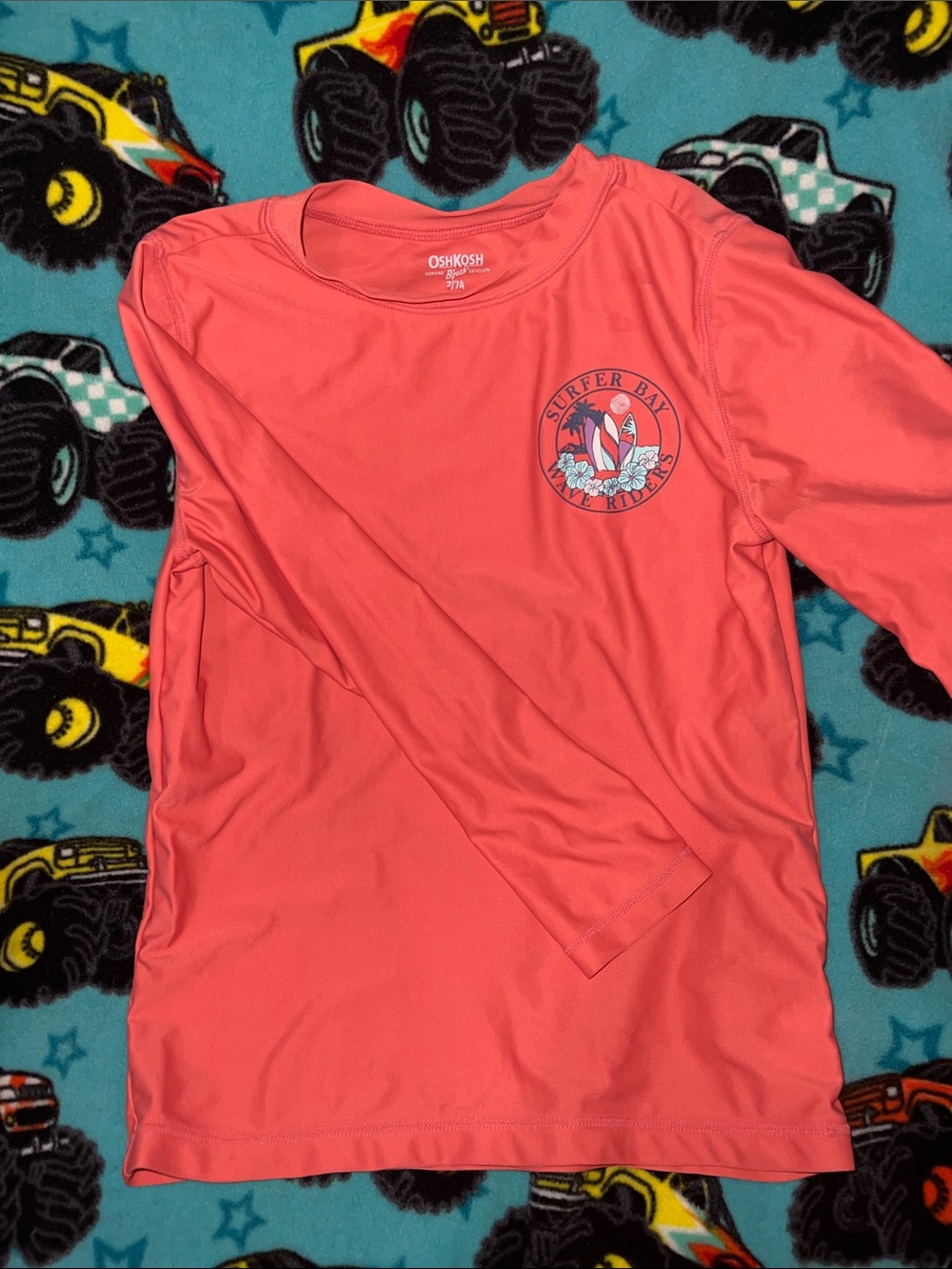 OshKosh B'gosh Coral Pink Kids Swim Rashguard with Surf Graphic